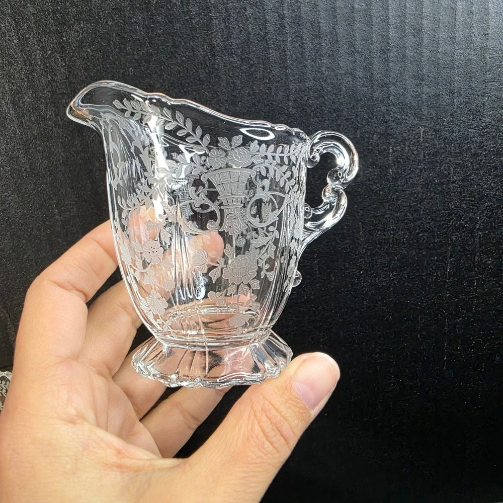 Crystal Glass Creamer and Sugar Bowl Set Etched Filigree Floral Holiday Wedding